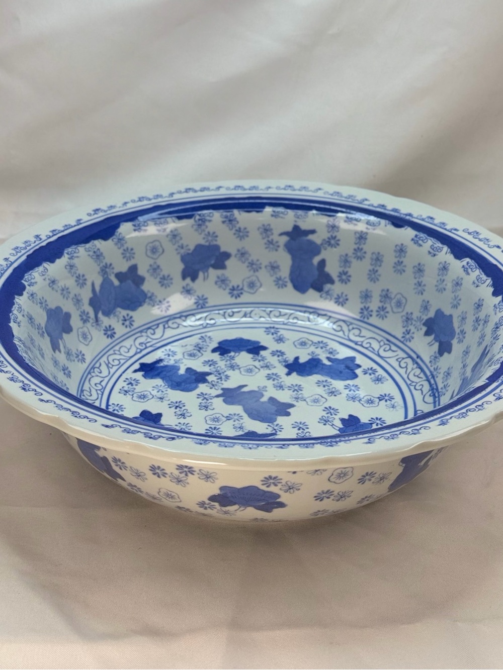 Antique Blue White Transferware Wash Basin Bowl 13.5” Floral Scalloped Rim